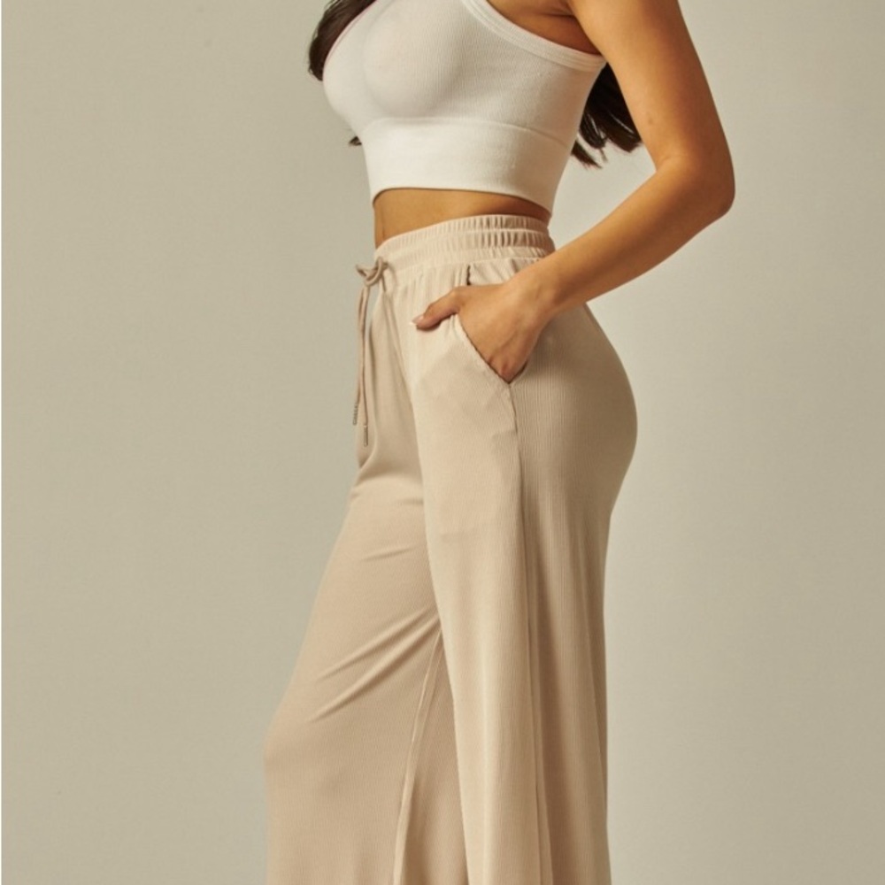 Stretchy Ribbed Drawstring Pocket Wide Leg Pants